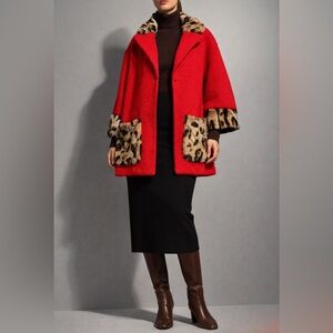 DIXIE Statement Wool Blend Red Coat with Leopard Trim